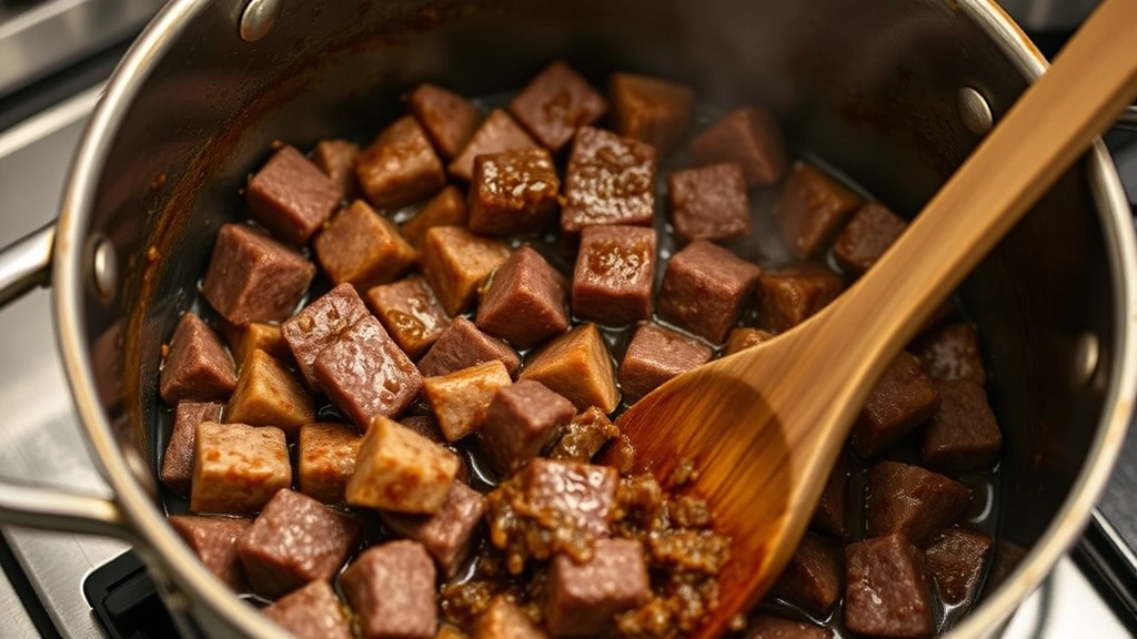 process: beef cubes browning in Dutch oven, caramelized crust, wooden spoon stirring, professional kitchen lighting, photorealistic, no text