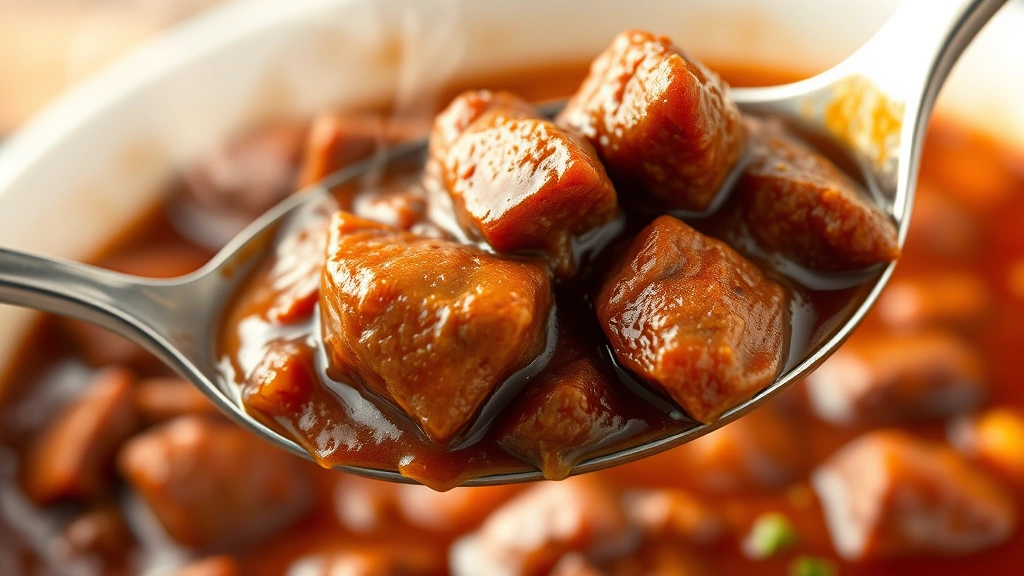 detail: close-up spoonful of chunky beef chili with visible tender meat and rich sauce, steam rising, shallow depth of field, photorealistic, no text
