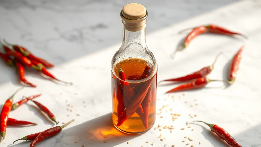 hero: finished chili oil in a clear glass bottle with visible red chilies, garlic, and sesame seeds, golden-red oil catching natural sunlight, on a white marble surface with fresh chilies scattered around, photorealistic, natural light, no text