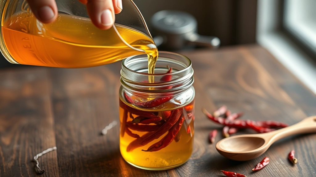 process: hand pouring warm golden chili oil into a glass jar with dried red chilies and aromatics visible inside, steam slightly visible, wooden spoon nearby, photorealistic, natural light, no text