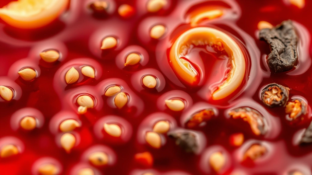 detail: close-up of chili oil showing vibrant red color, floating sesame seeds, sliced garlic cloves, and crushed dried chilies, shallow depth of field, photorealistic, natural light, no text