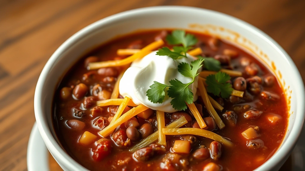 hero: steaming bowl of rich dark chili without beans topped with melted cheddar cheese, sour cream, and fresh cilantro, photorealistic, natural warm lighting, white ceramic bowl, wooden table background, no text