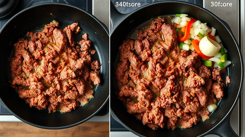 process: ground beef browning in cast iron pot with beautiful crust, diced onions and peppers nearby, photorealistic, natural kitchen lighting, overhead angle, no text
