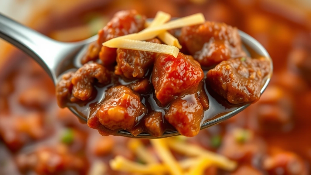 detail: close-up spoonful of thick chili with tender ground beef pieces, rich sauce, melted cheese, photorealistic, macro photography, shallow depth of field, natural light, no text