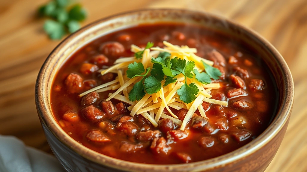 hero: steaming bowl of rich, thick chili with deep burgundy-brown color, topped with shredded cheddar cheese and fresh cilantro, served in rustic ceramic bowl, photorealistic, warm natural lighting, wooden table background, no text