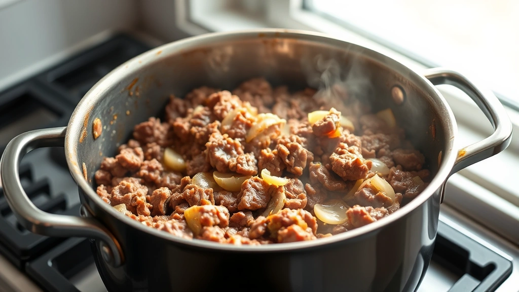 process: ground beef browning in heavy pot, caramelized and golden, onions and garlic visible, mid-cooking stage, photorealistic, bright natural window light, no text