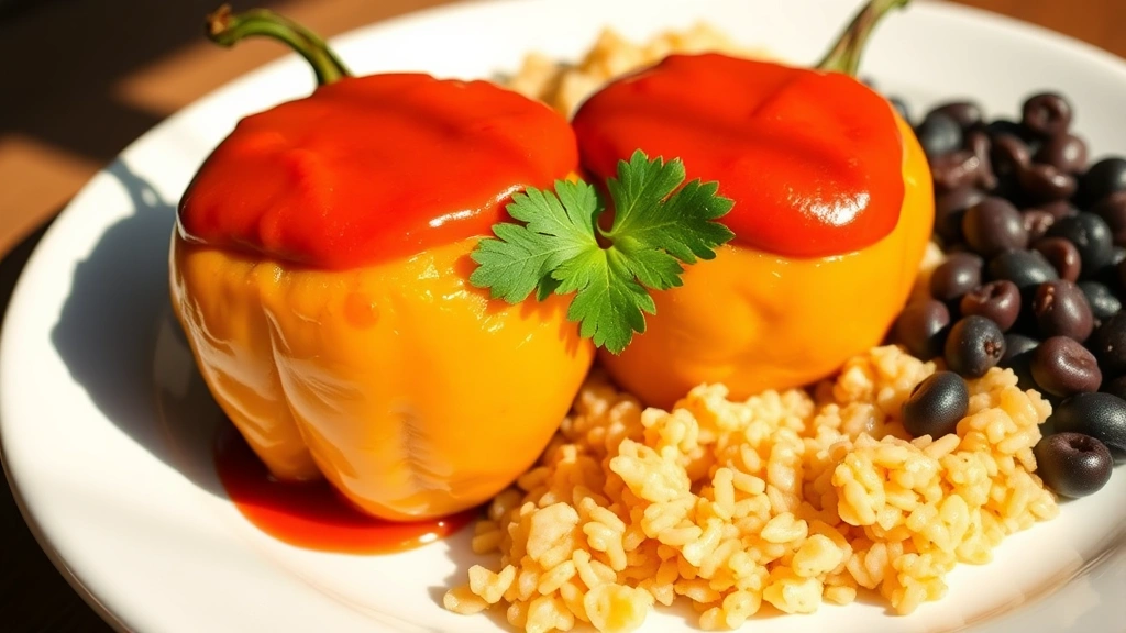 hero: Two golden-brown chiles rellenos topped with silky red ranchero sauce and fresh cilantro, arranged on a white ceramic plate with Mexican rice and black beans, natural daylight streaming from the side, no text