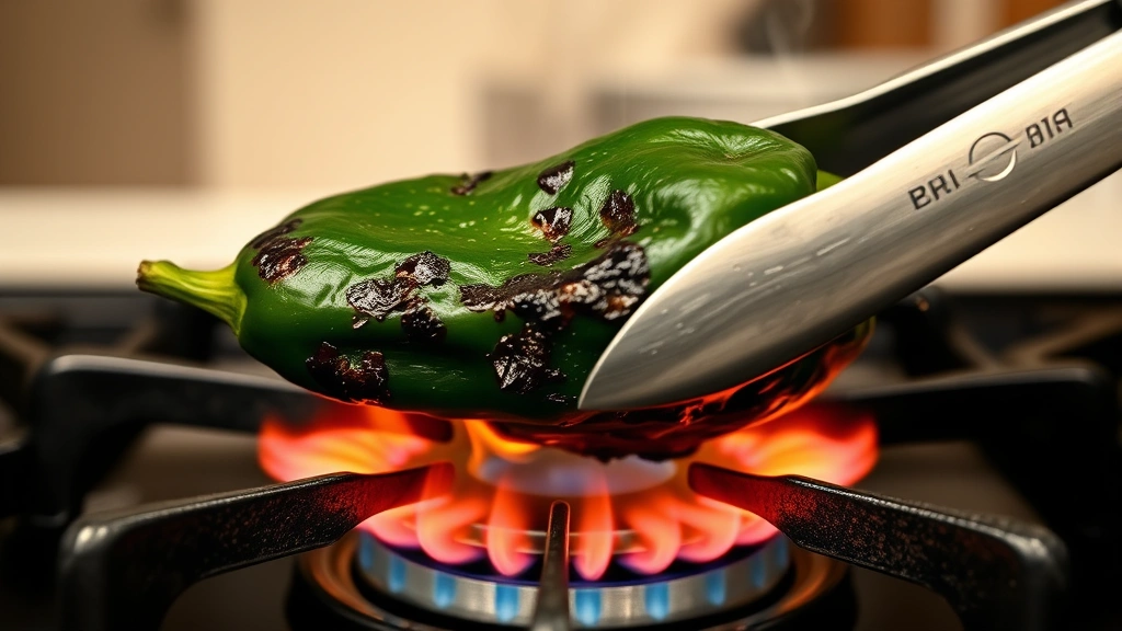 process: Charred poblano pepper being roasted over a gas flame until skin blisters and turns black, tongs visible, smoke rising, natural kitchen lighting, close-up shot, no text