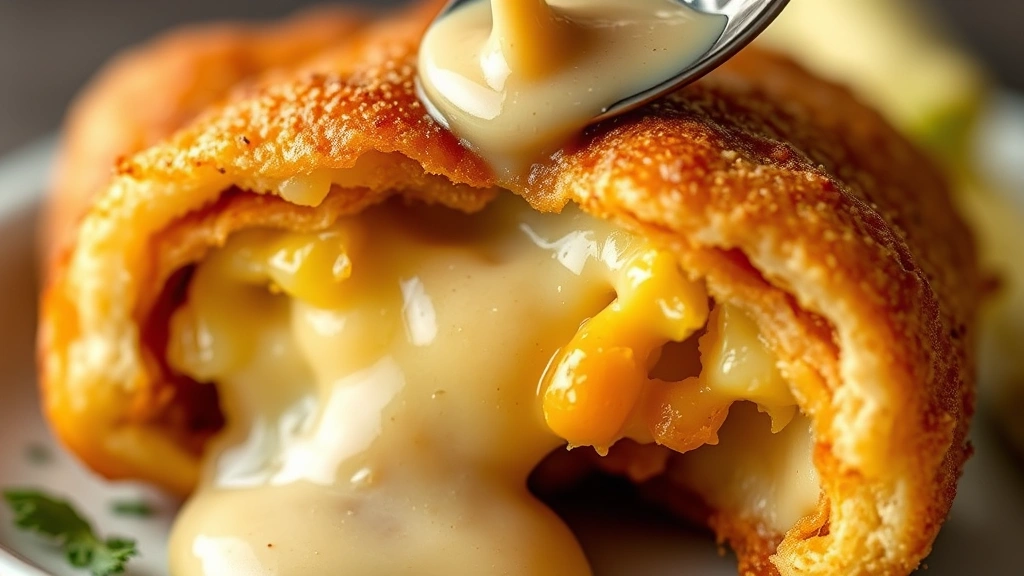 detail: Cross-section of a perfectly fried chile relleno showing melted cheese filling inside fluffy egg-battered coating, spoon drizzling ranchero sauce, shallow depth of field, warm natural light, no text