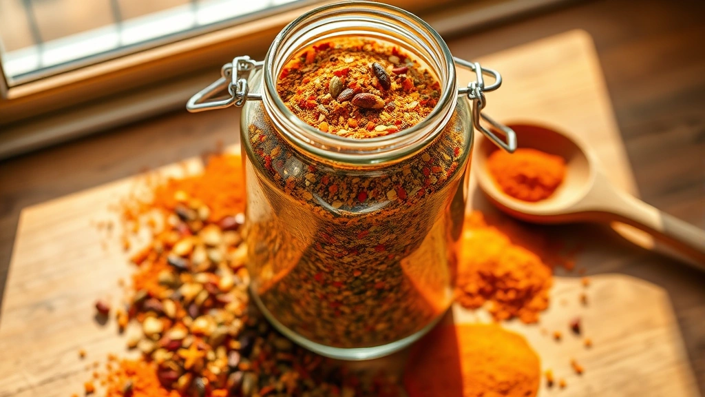 hero: colorful chili seasoning spice blend in a glass jar, overhead shot, warm natural sunlight streaming through window, individual spices visible, wooden spoon nearby, no text or labels