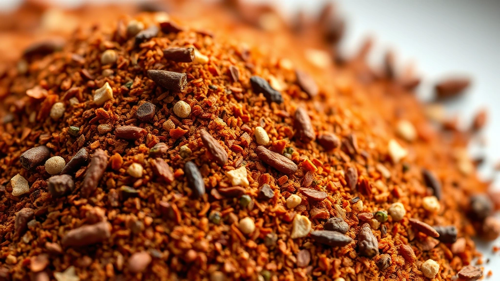 detail: close-up macro shot of the finished chili seasoning blend showing texture and individual spice particles, rich deep red and brown colors, natural window light, no text