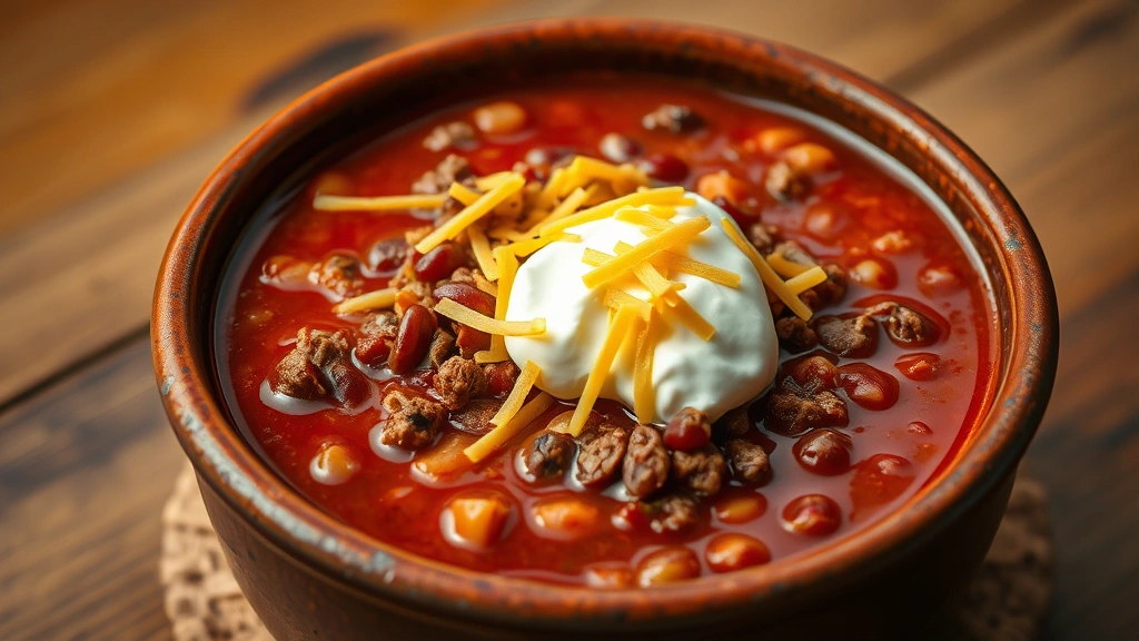 hero: steaming bowl of chili soup with ground beef, beans, and rich red broth, topped with shredded cheddar cheese and sour cream, rustic ceramic bowl, photorealistic, natural warm lighting, wooden table background, no text