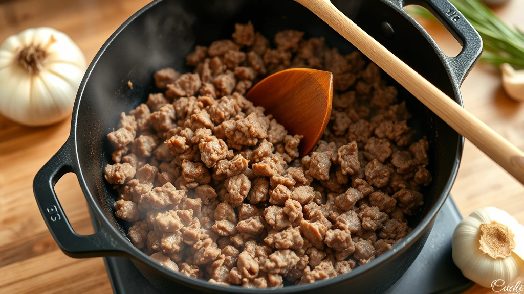 process: brown ground beef in cast iron pot with visible caramelization, steam rising, wooden spoon stirring, onions and garlic nearby, photorealistic, natural kitchen lighting, no text