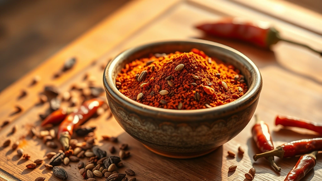 hero: vibrant homemade chili spice blend in rustic ceramic bowl, warm golden lighting, wooden surface, scattered toasted chiles and cumin seeds nearby, photorealistic, natural window light, no text