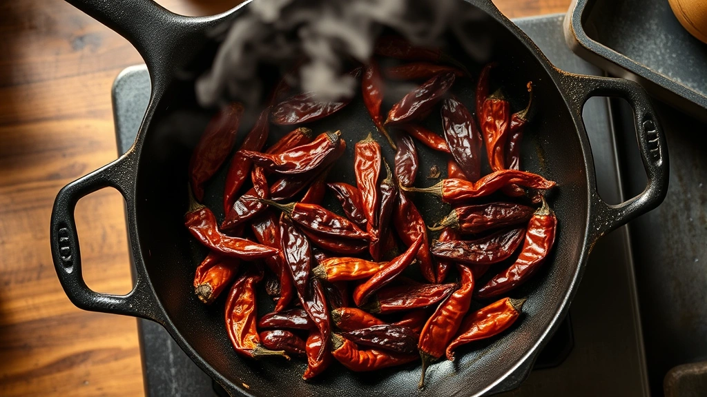 process: overhead view of cast iron skillet toasting dried ancho and guajillo chiles, steam rising, warm kitchen lighting, photorealistic, natural light, no text