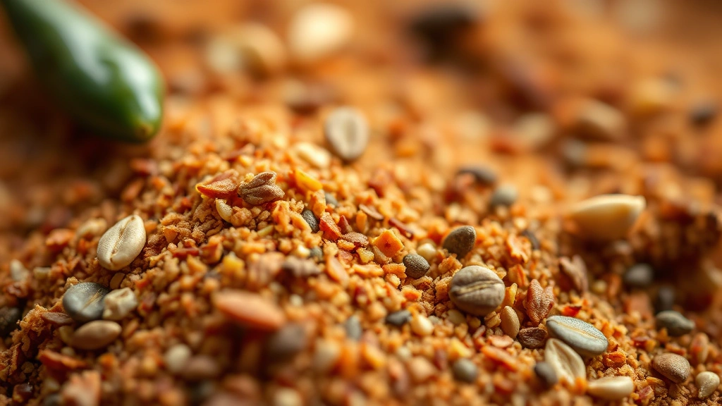 detail: close-up macro shot of ground chili spice blend texture with visible chile flakes and cumin seeds, shallow depth of field, warm natural lighting, photorealistic, no text