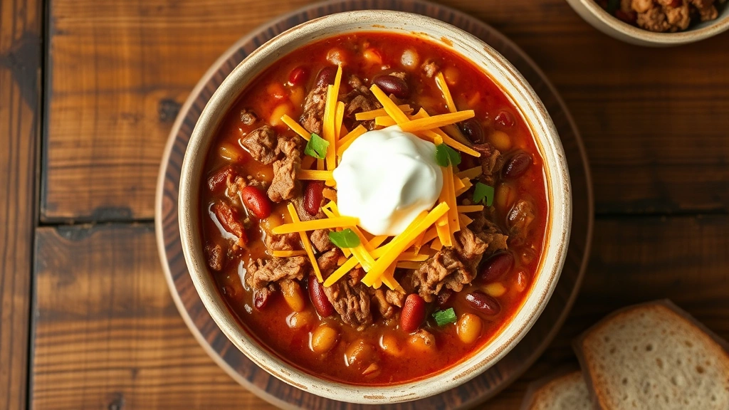 hero: steaming bowl of chili with ground beef, beans, and tomato base, topped with shredded cheddar cheese and sour cream, photographed from above with rustic wooden table background, photorealistic, natural warm lighting, no text