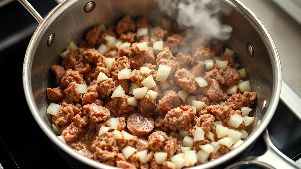 process: browning ground beef in skillet with diced onions, golden-brown meat with steam rising, photographed at 45-degree angle with stainless steel skillet, photorealistic, natural bright lighting, no text