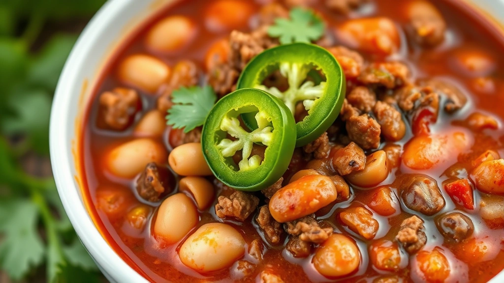 detail: close-up cross-section of chili showing tender beans, ground beef, and rich red sauce, garnished with fresh cilantro and jalapeño slice, photographed in white bowl from directly above, photorealistic, natural soft lighting, no text