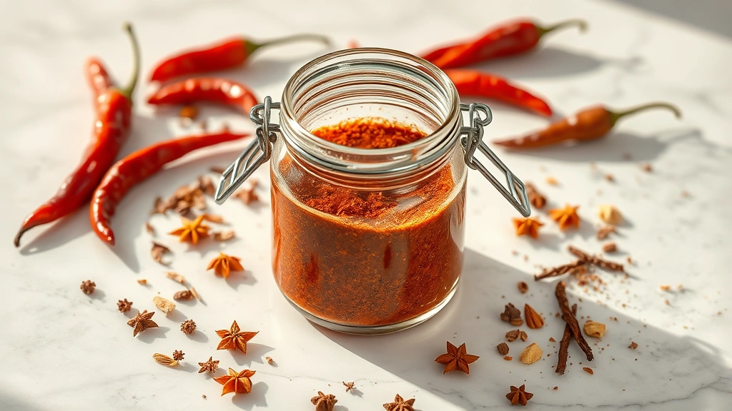 hero: finished homemade chilli seasoning in clear glass jar on white marble surface with dried chillies and whole spices scattered around, photorealistic, warm natural sunlight from left, no text