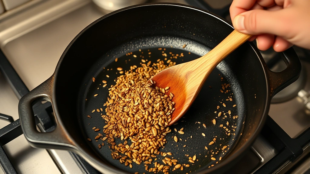process: toasting whole cumin and coriander seeds in cast iron skillet on stovetop, hand stirring with wooden spoon, photorealistic, bright kitchen lighting, no text