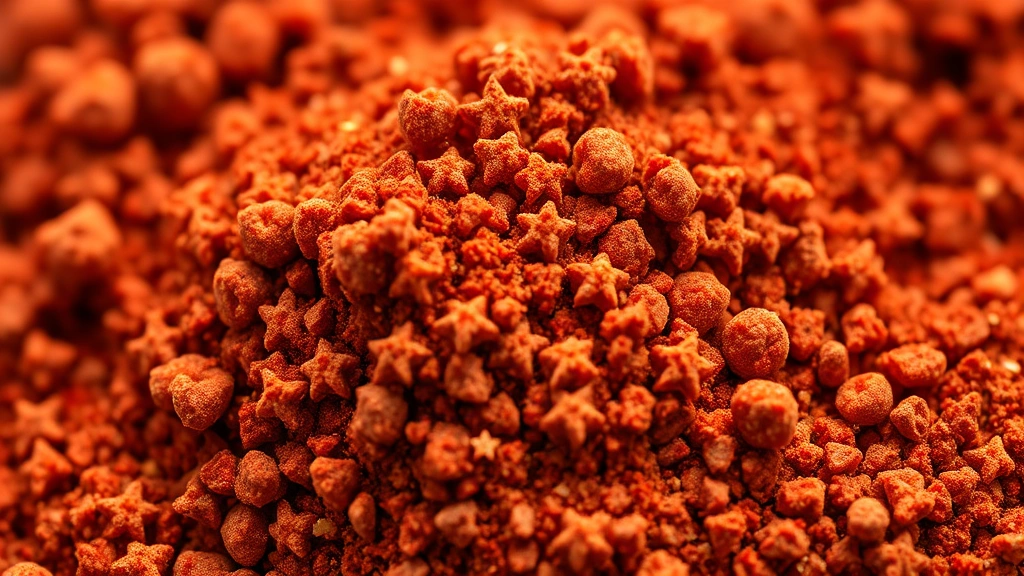 detail: close-up macro shot of vibrant red and brown chilli seasoning powder with visible spice texture and flecks, photorealistic, natural daylight, no text