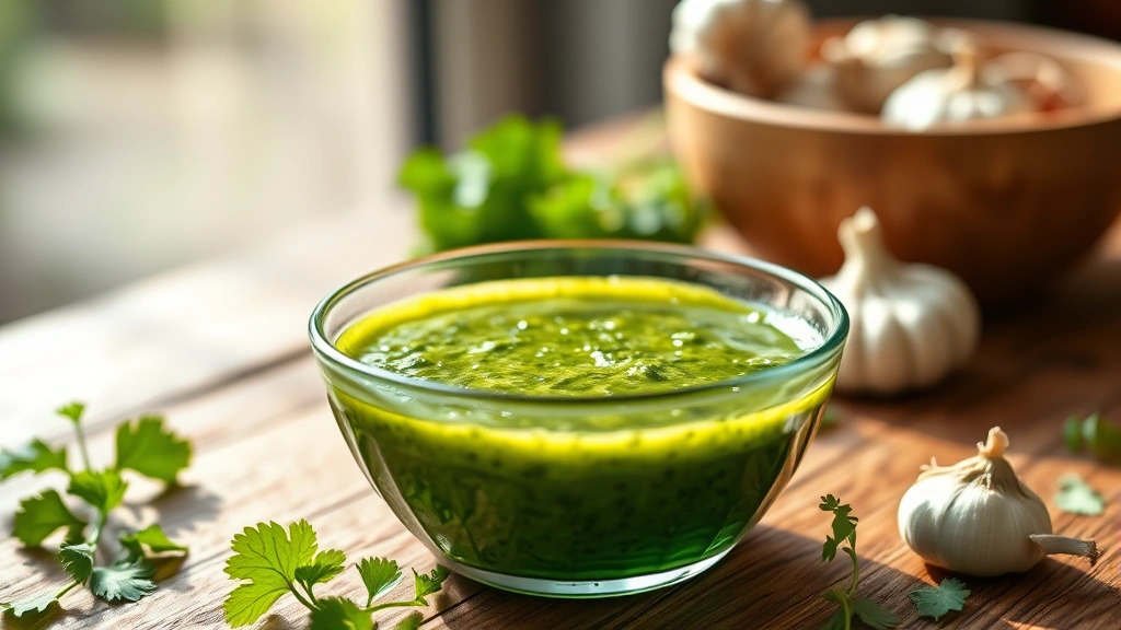 hero: vibrant green cilantro chimichurri sauce in glass bowl with fresh cilantro leaves and garlic scattered around, natural sunlight streaming across rustic wooden table, shallow depth of field