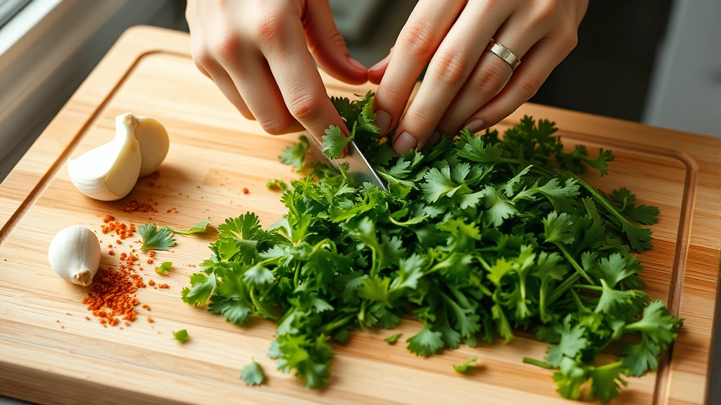 process: hands chopping fresh cilantro on wooden cutting board with garlic cloves and red pepper flakes visible, natural kitchen window light, in-progress preparation