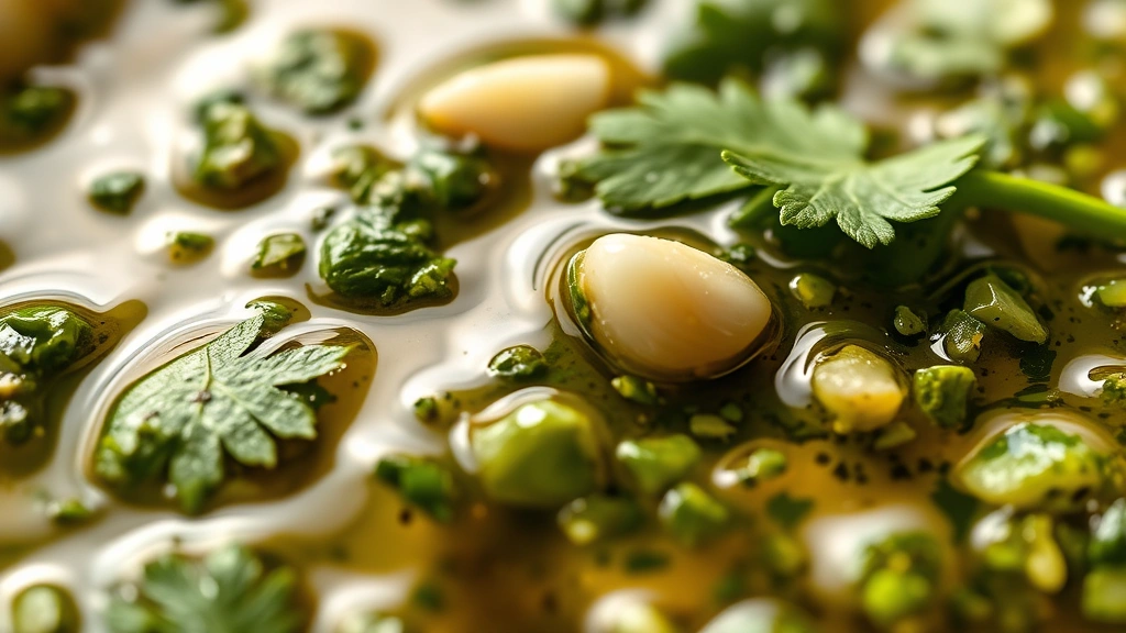 detail: close-up macro shot of finished chimichurri sauce showing texture of herbs and oil, cilantro leaves and garlic pieces visible, golden olive oil shimmering, natural light