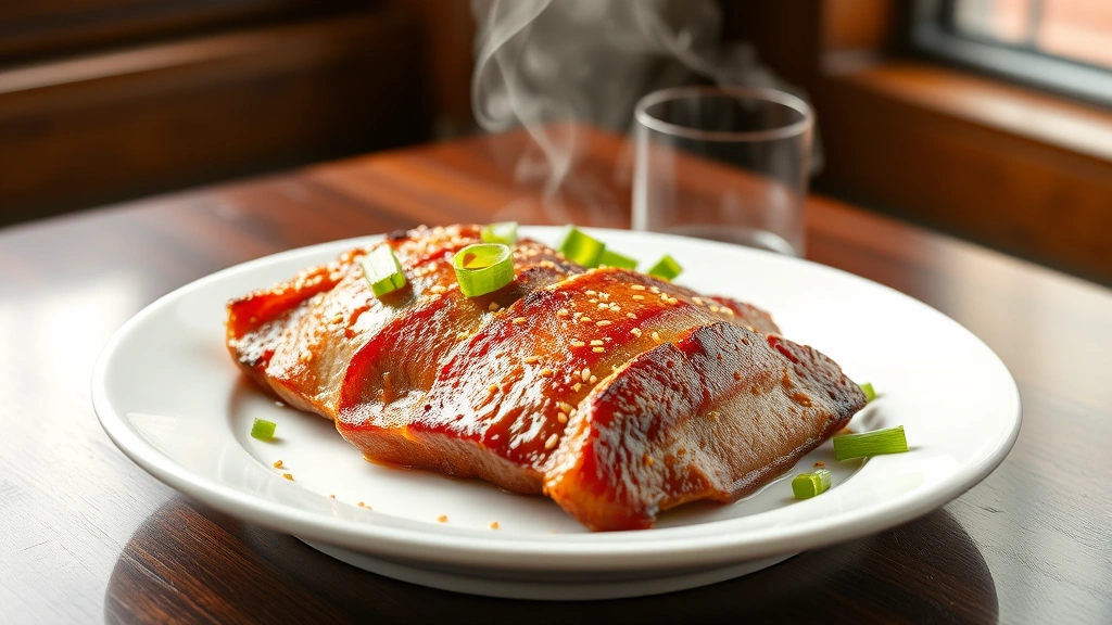 hero: sliced Chinese BBQ pork char siu with glossy mahogany caramelized exterior, arranged on white plate with sesame seeds and green onions, steam rising, photorealistic, natural window light, no text