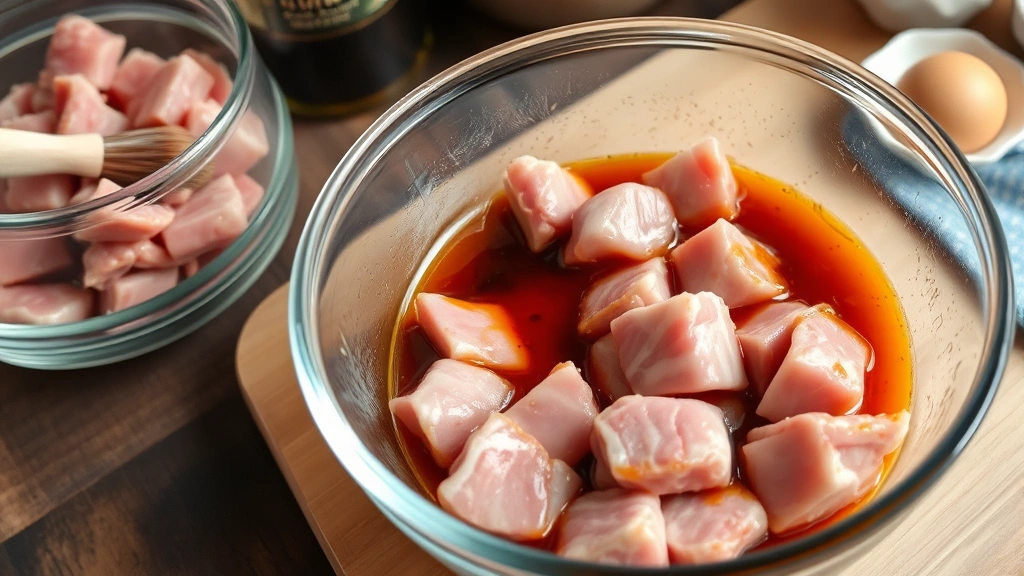 process: raw pork strips coated in hoisin marinade in glass bowl, brushes and ingredients visible, photorealistic, natural kitchen light, no text