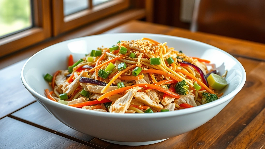 hero: beautiful Chinese chicken salad in a large white bowl, colorful shredded vegetables and chicken visible, topped with sesame seeds and crispy noodles, natural window light, wooden table background, no text or watermarks