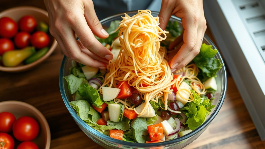 process: hands tossing fresh salad ingredients together with dressing in a large bowl, crispy noodles being sprinkled on top, natural kitchen lighting, close enough to see individual vegetables, no text