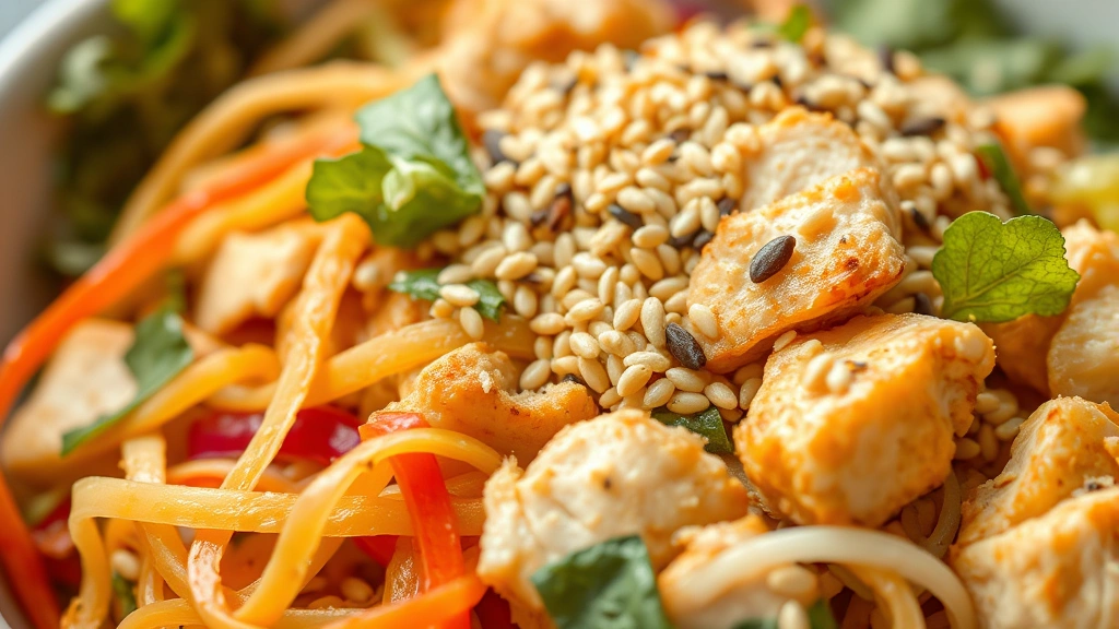 detail: close-up macro shot of dressed salad showing texture of sesame seeds, crispy noodles, shredded vegetables and tender chicken pieces, natural daylight, shallow depth of field, no text or branding