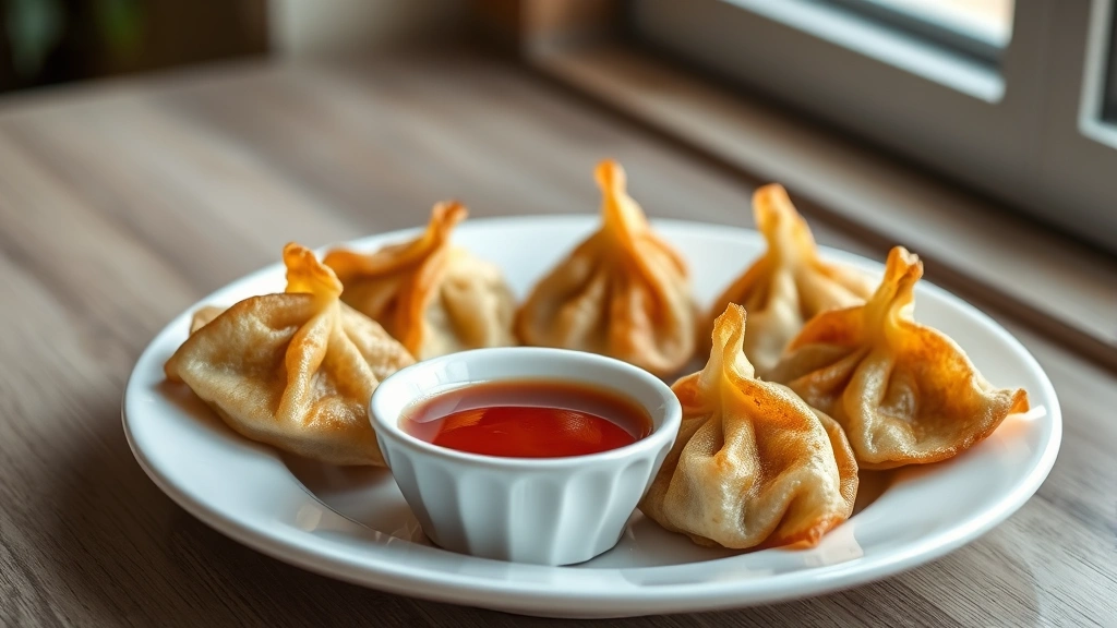 hero: golden-brown pan-fried Chinese dumplings arranged on white ceramic plate with dipping sauce, photorealistic, natural window light, no text, shallow depth of field