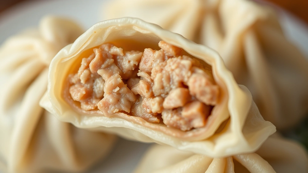 detail: single perfect dumpling cross-section showing tender wrapper and juicy pork filling, photorealistic, macro photography, natural light, no text