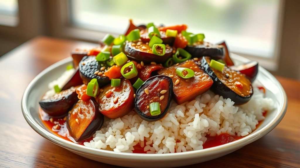 hero: Chinese eggplant dish served over steamed white rice, glistening with savory sauce, garnished with green onions and sesame seeds, photorealistic, natural window light, no text