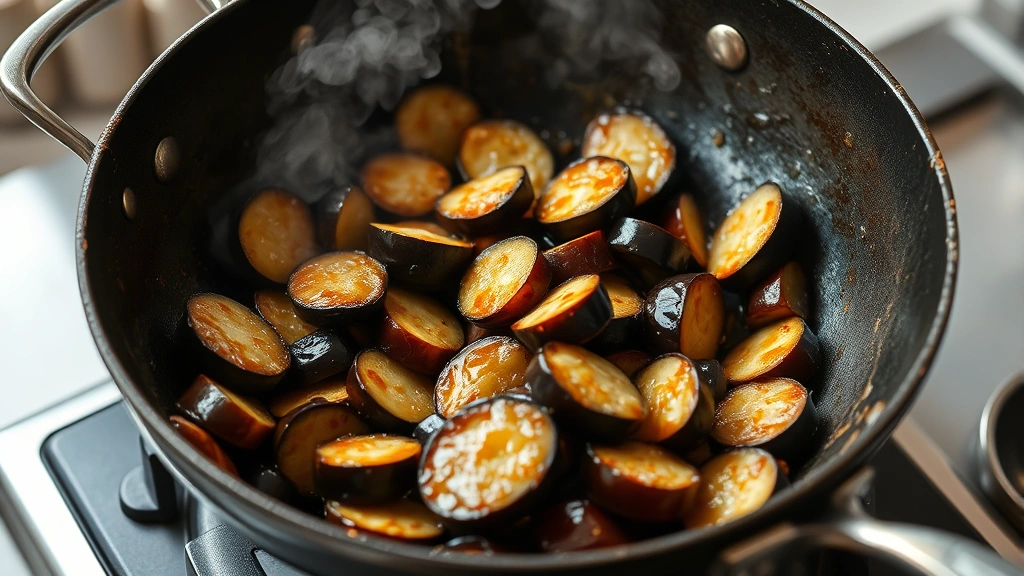 process: wok with eggplant pieces being stir-fried, golden brown and caramelized, steam rising, photorealistic, natural kitchen light, no text