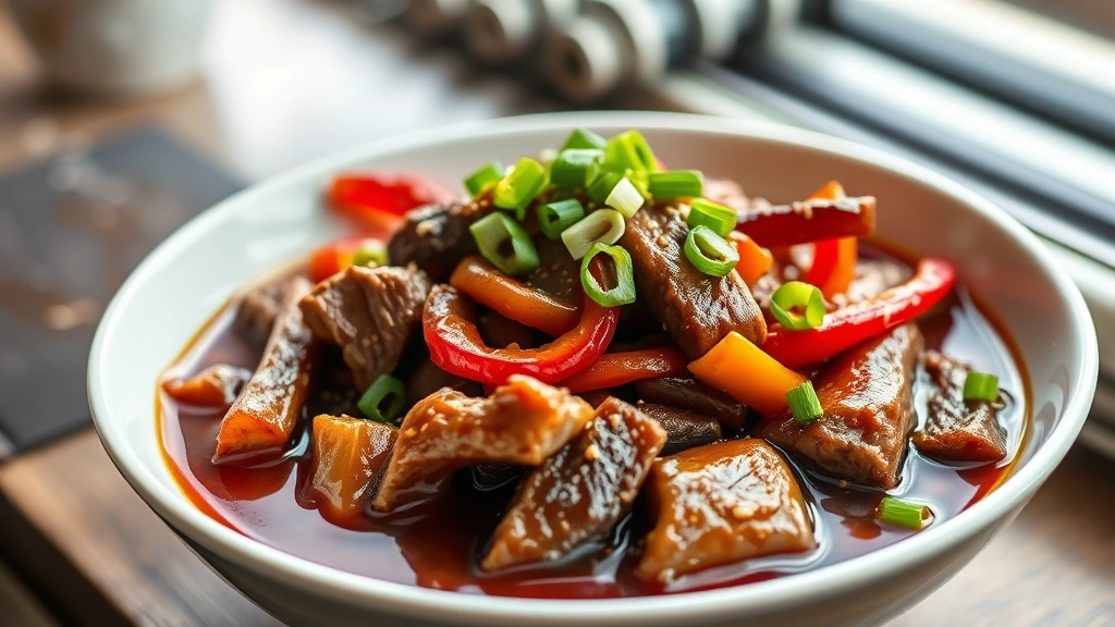 hero: Chinese pepper steak in a white bowl with glossy sauce, tender beef strips and colorful red green bell peppers, garnished with sliced green onions and sesame seeds, steam rising, natural window lighting, professional food photography, shallow depth of field