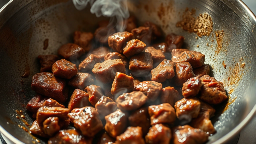 process: close-up of beef being seared in a hot wok with visible steam and golden-brown crust, stainless steel wok, high heat cooking action, bright natural lighting from above, professional culinary technique