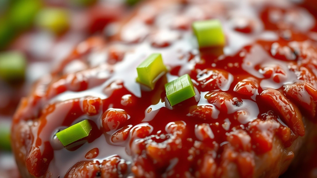 detail: macro close-up of a single piece of beef pepper steak showing the glossy sauce coating, tender meat texture, crispy pepper skin, green onion garnish, warm natural lighting, shallow depth of field, food styling