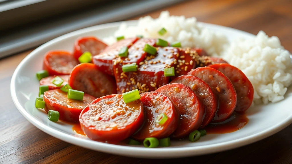 hero: perfectly cooked Chinese sausage lap cheong sliced and glazed on white ceramic plate with fresh green onions and sesame seeds, steamed rice on side, photorealistic, natural window light, no text