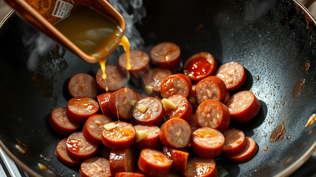process: sliced Chinese sausage cooking in wok with visible caramelization on edges, garlic and sauce being added, steam rising, photorealistic, natural light, no text