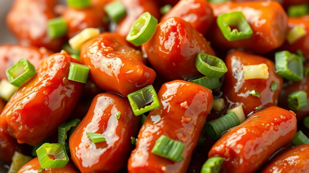 detail: close-up of glossy caramelized Chinese sausage pieces with sauce coating, garnished with sliced green onions and cilantro, photorealistic, macro photography, natural light, no text