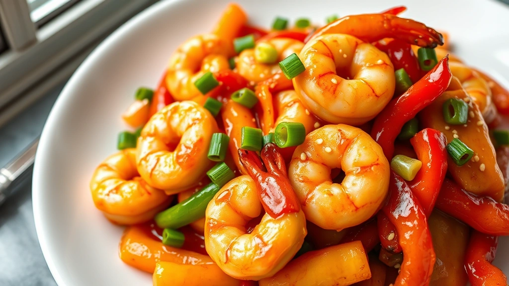 hero: vibrant Chinese shrimp stir-fry with glossy sauce coating plump shrimp and colorful bell peppers, garnished with green onions and sesame seeds, served on white plate, photorealistic, natural window light, no text