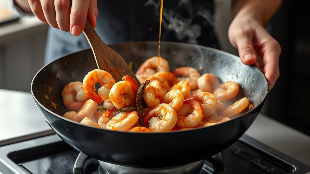 process: chef's hands tossing shrimp in wok with wooden spatula, sauce being poured over ingredients, steam rising, photorealistic, natural light, no text