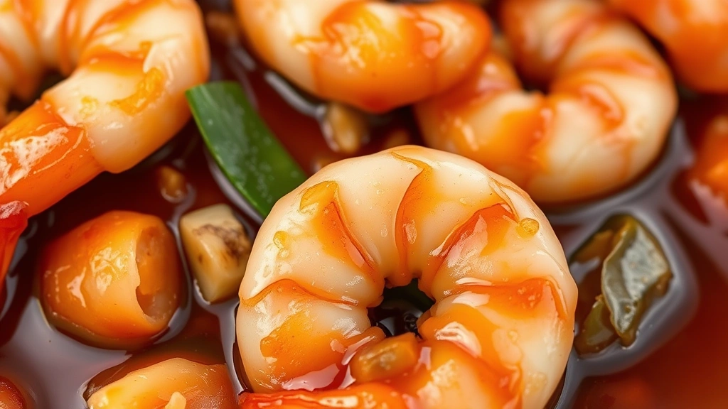 detail: close-up of succulent pink shrimp coated in glossy caramel-colored sauce with fresh ginger and garlic visible, photorealistic, natural light, no text