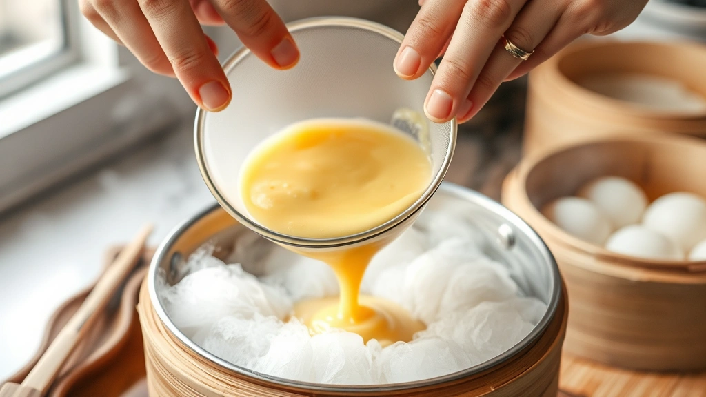process: hands pouring strained egg mixture into steaming bowl, hot steam visible, bamboo steamer in background, natural kitchen light