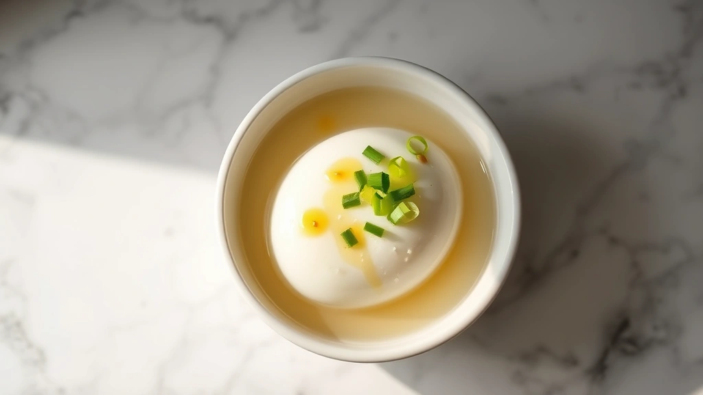 hero: bowl of silky Chinese steamed water egg with green onion garnish and sesame oil drizzle, photorealistic, natural diffused lighting from above, minimalist white bowl on marble surface, no text