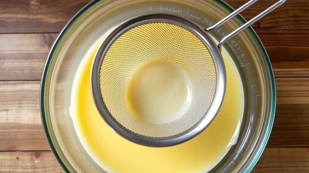 process: overhead view of straining egg mixture through fine mesh sieve into clear bowl, photorealistic, natural window light, shows technique detail, no text